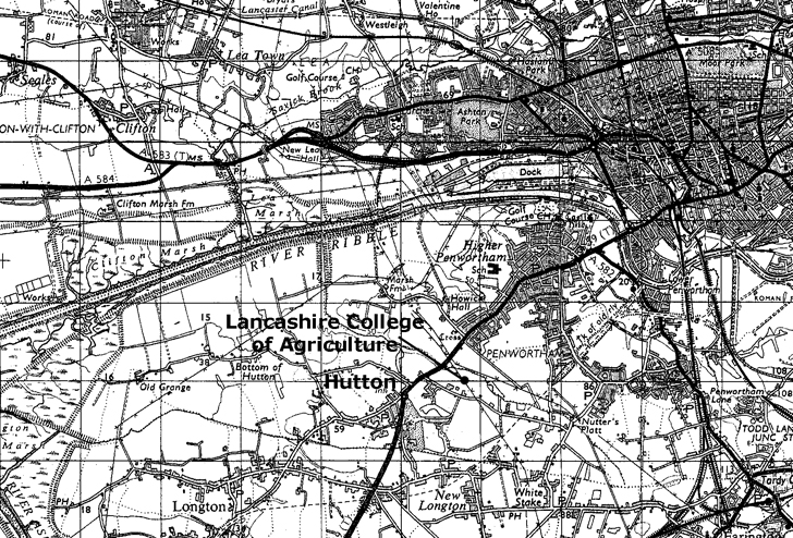 Lancashire College of Agriculture attended by Jeanne Flann is shown in its relation to the city of Preston, Lancashire