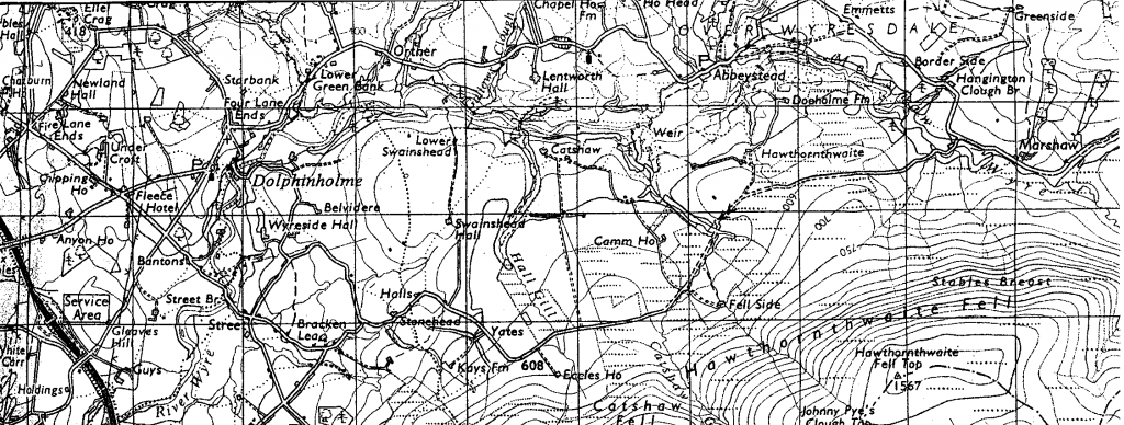 Marshaw is at the right hand extremity (east), north of the young River Wyre and at the entrance to the Trough of Bowland. Abbeystead is to the left (west) and Lower Greenbank Farm is to the upper left, (north west). South is the rising Hawthornthwaite Fell that with Catshaw Fell and other lands was in Mr John’s holding and on which the sheep ran.