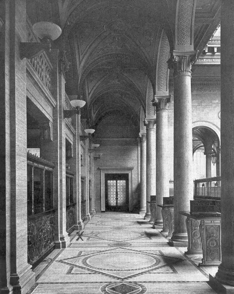 The main banking hall of Martins Bank, the Foreign Branch was to the left where marked “x”.