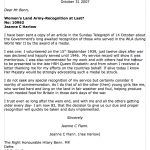 Letter to Hilary Benn, MP about recognition for Land Girls, October 2007